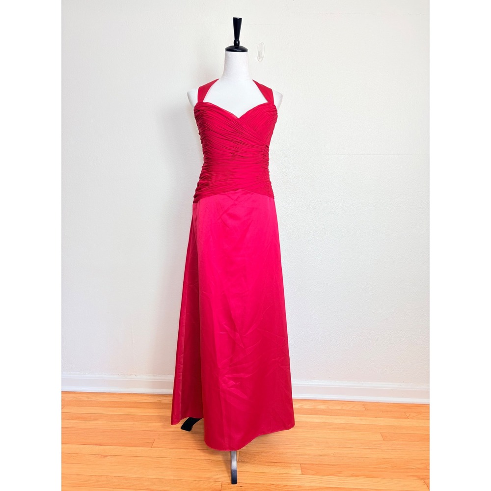 Andy Anand Couture Bright Red Ruched Bodice & Satin Maxi Dress Size Large Chic